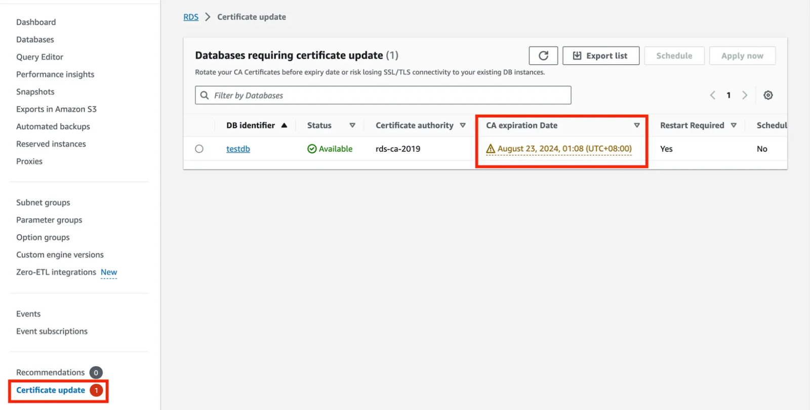 點擊RDS頁面左下角【Certificate update】→將會在畫面列出須更新憑證的資料庫