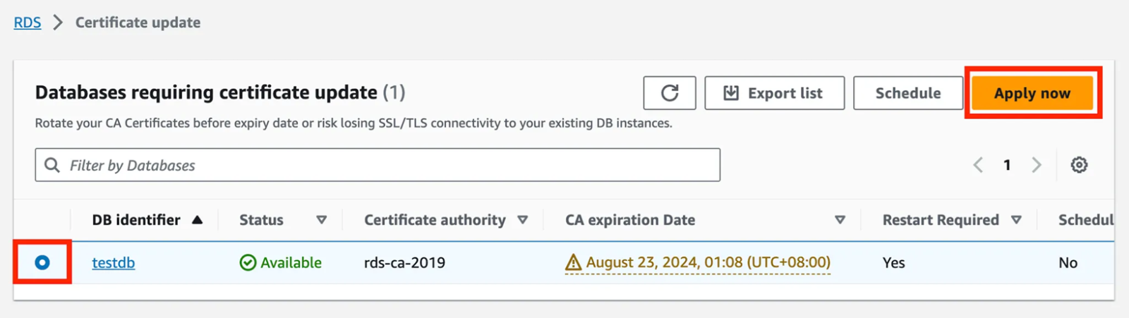 選取須更新憑證的資料庫實例→點擊右上角【Apply now】進行憑證更新