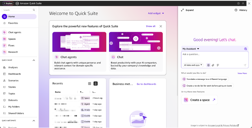 Quick Suite 的誕生將研究、商業智慧和自動化三大能力整合在單一數位工作空間中，讓使用者可以用自然語言查詢數據、在幾分鐘內找到跨企業和外部來源的關鍵資訊，並自動化從簡單任務到複雜跨部門流程的各種工作。